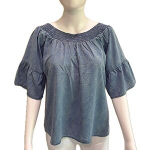 Prana Tencel Chambray Ruffle Sleeve Top Size M Dotted Striped Smocked Neck Boho